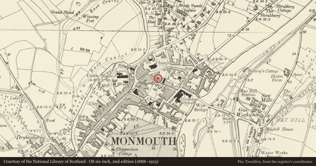 Ordnance Survey six-inch map, 2nd edition (1888–1913) covering the location of The Malt House Coffee Shop, Monmouth, Monmouthshire, with a pin at the register's coordinates