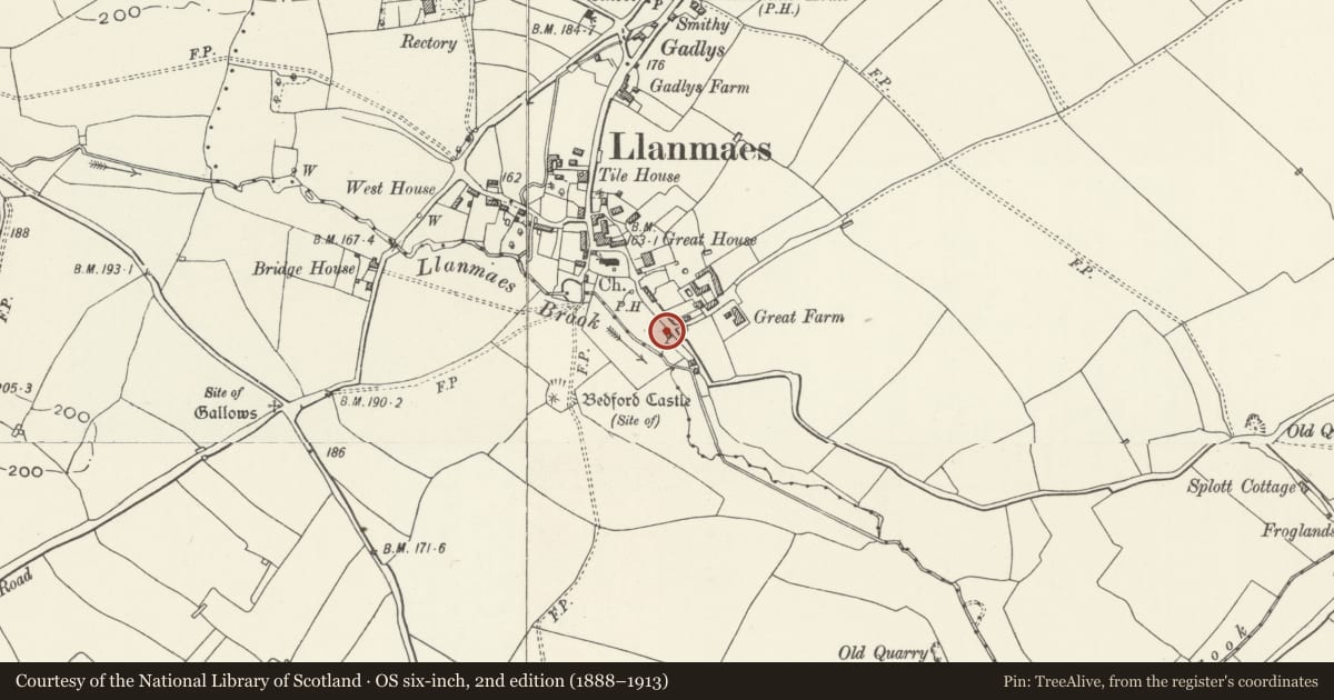 Ordnance Survey six-inch map, 2nd edition (1888–1913) covering the location of Barn at Great House Farm, Llan-Maes, Vale of Glamorgan, with a pin at the register's coordinates