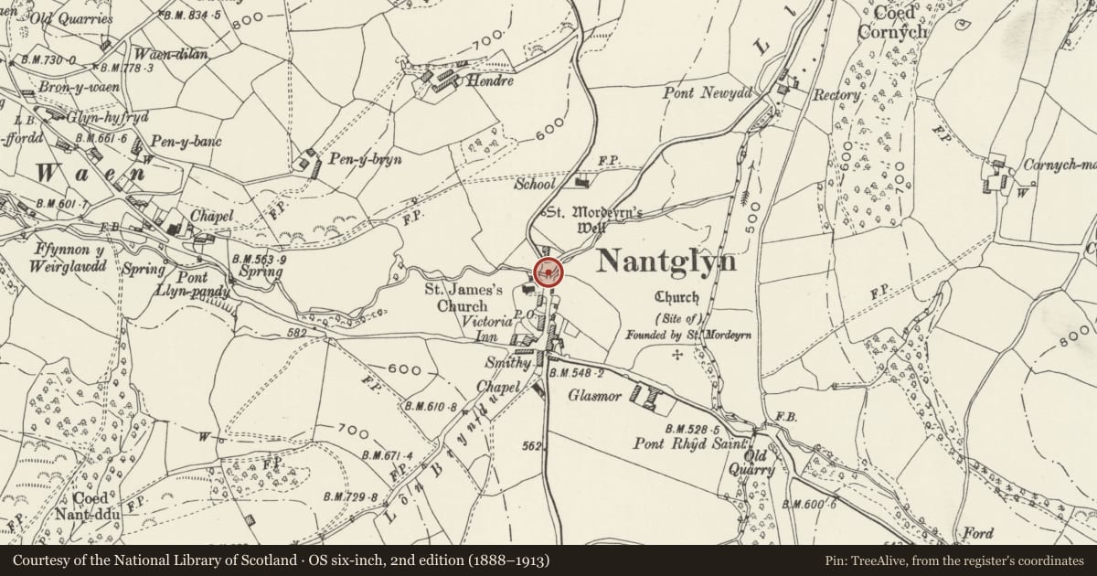 Ordnance Survey six-inch map, 2nd edition (1888–1913) covering the location of Pont-y-Llan, Nantglyn, Denbighshire, with a pin at the register's coordinates