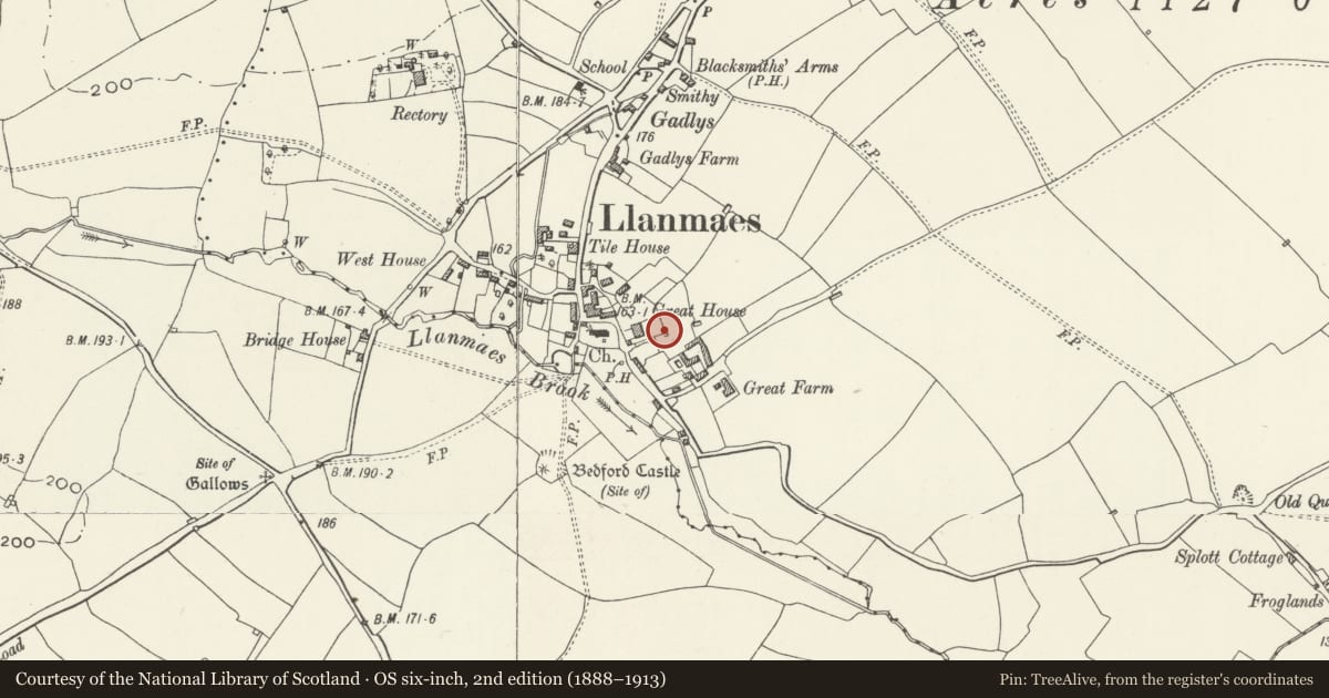 Ordnance Survey six-inch map, 2nd edition (1888–1913) covering the location of Dovecote at Llanmaes House, Llan-Maes, Vale of Glamorgan, with a pin at the register's coordinates