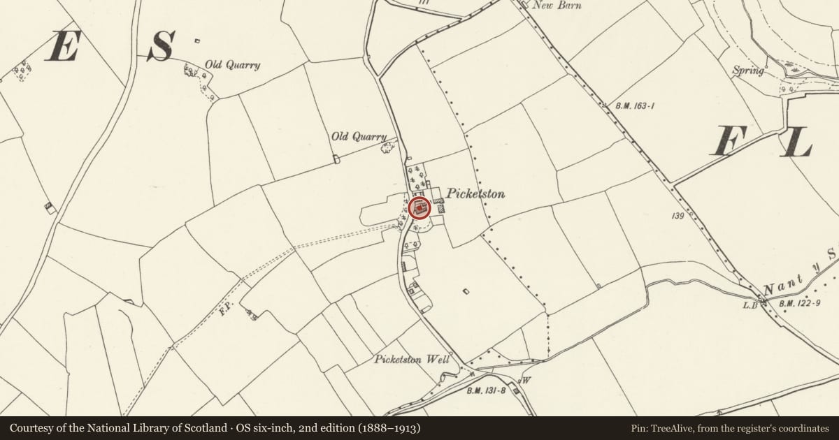Ordnance Survey six-inch map, 2nd edition (1888–1913) covering the location of Picketston, Llan-Maes, Vale of Glamorgan, with a pin at the register's coordinates