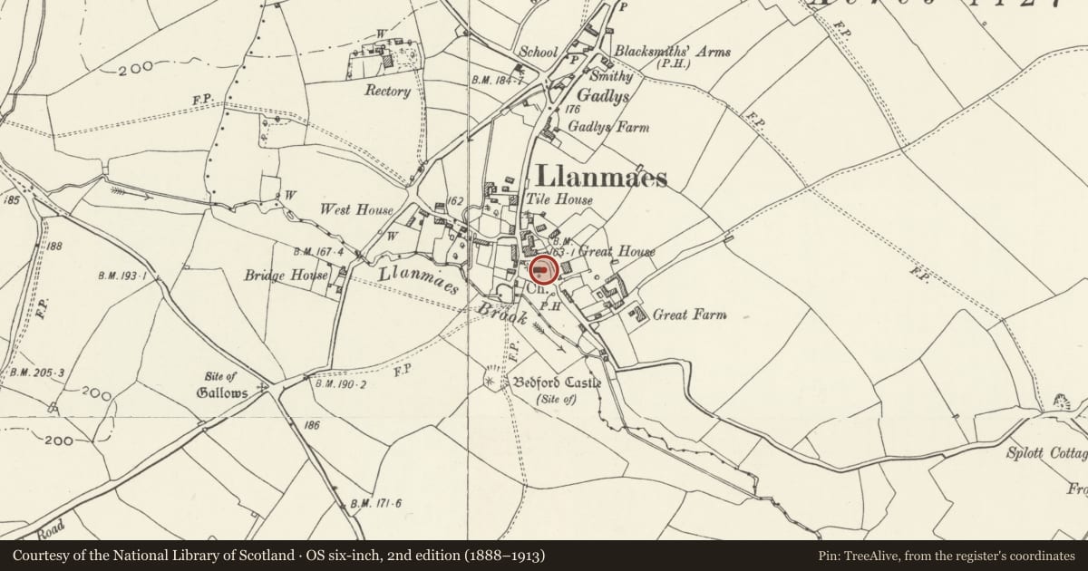 Ordnance Survey six-inch map, 2nd edition (1888–1913) covering the location of Railed Tomb to Nicholl family to east of Chancel of Church of St Cattwg, Llan-Maes, Vale of Glamorgan, with a pin at the register's coordinates