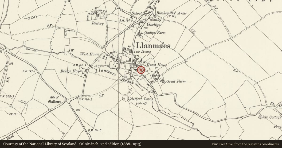 Ordnance Survey six-inch map, 2nd edition (1888–1913) covering the location of Walls, Gatepiers and Gates of Llanmaes House, Llan-Maes, Vale of Glamorgan, with a pin at the register's coordinates