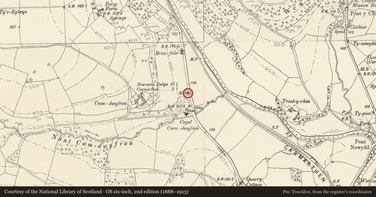 Ordnance Survey six-inch map, 2nd edition (1888–1913) covering the location of Milestone on A484 at Cwmdwyfran, Bronwydd, Carmarthenshire, with a pin at the register's coordinates