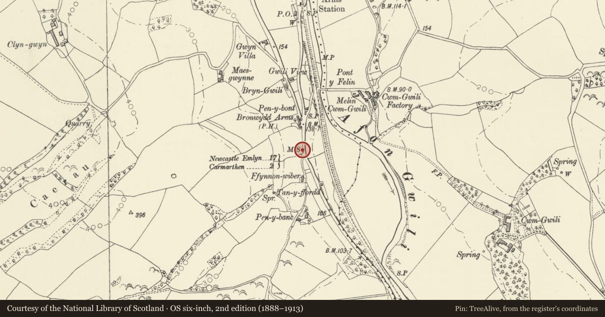 Ordnance Survey six-inch map, 2nd edition (1888–1913) covering the location of Milestone on A484 at former Bronwydd Arms public house, Carmarthenshire, with a pin at the register's coordinates