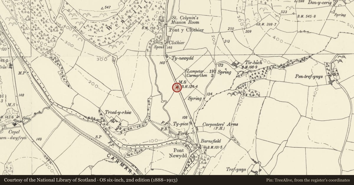 Ordnance Survey six-inch map, 2nd edition (1888–1913) covering the location of Milestone on B4301 in Bronwydd Arms village, Carmarthenshire, with a pin at the register's coordinates