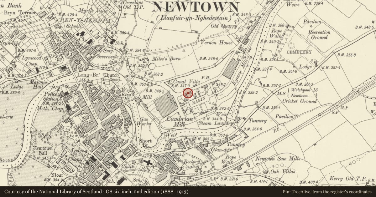Ordnance Survey six-inch map, 2nd edition (1888–1913) covering the location of 7 Lower Canal Road, Newtown and Llanllwchaiarn, Powys, with a pin at the register's coordinates