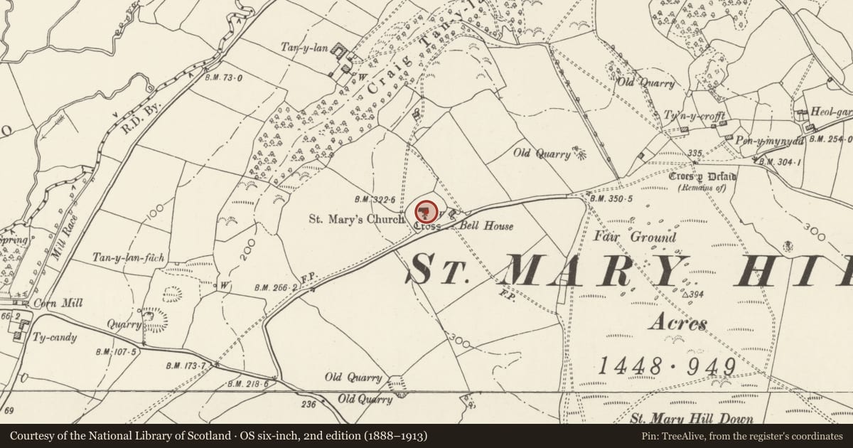 Ordnance Survey six-inch map, 2nd edition (1888–1913) covering the location of Church of St Mary, Llangan, Vale of Glamorgan, with a pin at the register's coordinates