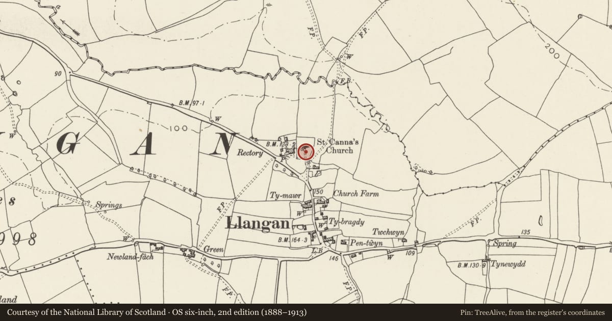 Ordnance Survey six-inch map, 2nd edition (1888–1913) covering the location of Churchyard Cross at Church of St Canna, Llangan, Vale of Glamorgan, with a pin at the register's coordinates