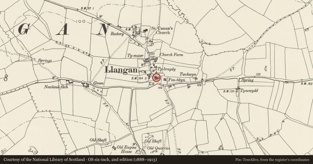 Ordnance Survey six-inch map, 2nd edition (1888–1913) covering the location of Mount Pleasant Farmhouse with attached Barn, Llangan, Vale of Glamorgan, with a pin at the register's coordinates
