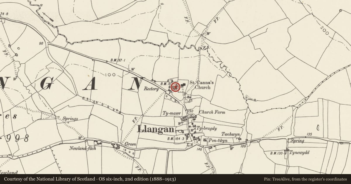 Ordnance Survey six-inch map, 2nd edition (1888–1913) covering the location of The Old Rectory, Llangan, Vale of Glamorgan, with a pin at the register's coordinates