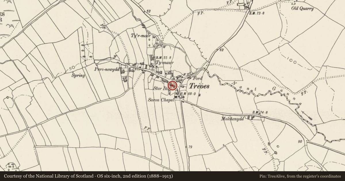 Ordnance Survey six-inch map, 2nd edition (1888–1913) covering the location of The Star Inn P H, Llangan, Vale of Glamorgan, with a pin at the register's coordinates