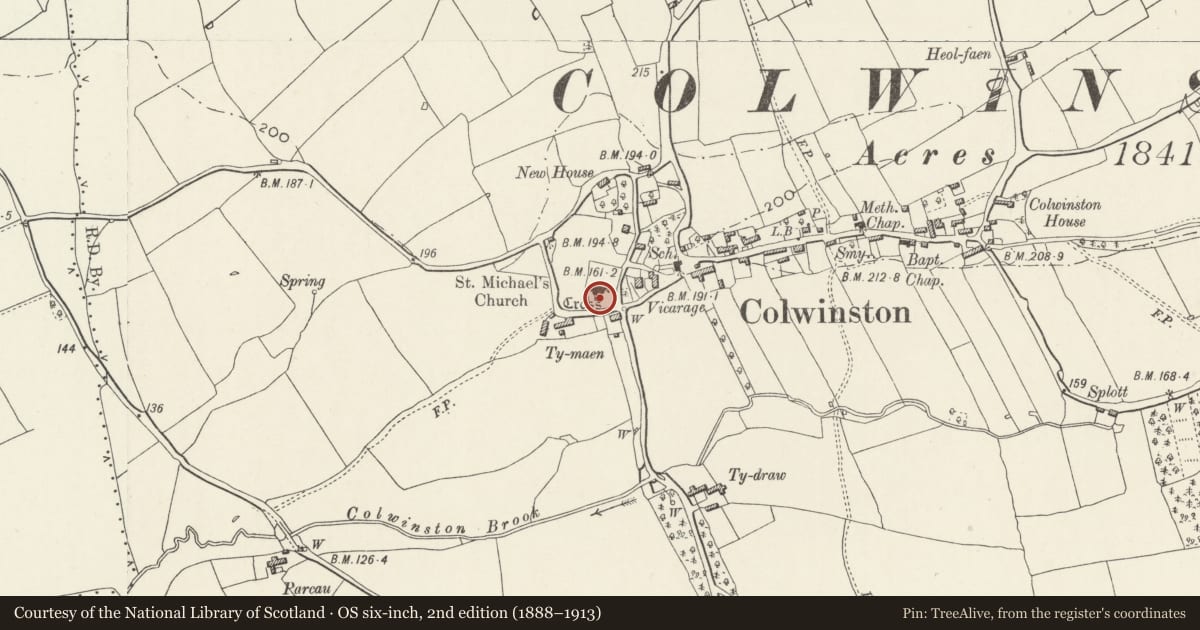 Ordnance Survey six-inch map, 2nd edition (1888–1913) covering the location of Churchyard Cross of Church of St. Michael and All Angels, Colwinston, Vale of Glamorgan, with a pin at the register's coordinates