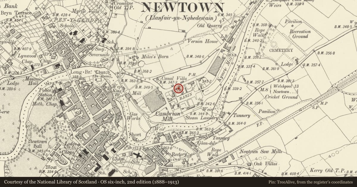 Ordnance Survey six-inch map, 2nd edition (1888–1913) covering the location of 10 Lower Canal Road, Newtown and Llanllwchaiarn, Powys, with a pin at the register's coordinates