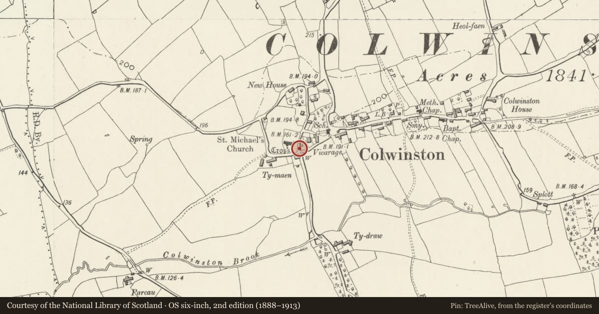 Ordnance Survey six-inch map, 2nd edition (1888–1913) covering the location of Churchyard Wall of Church of St. Michael and All Angels, Colwinston, Vale of Glamorgan, with a pin at the register's coordinates