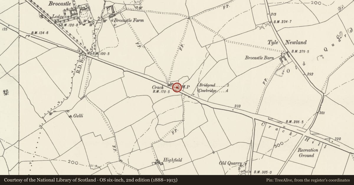 Ordnance Survey six-inch map, 2nd edition (1888–1913) covering the location of Milepost by Crack Hill House, Colwinston, Vale of Glamorgan, with a pin at the register's coordinates
