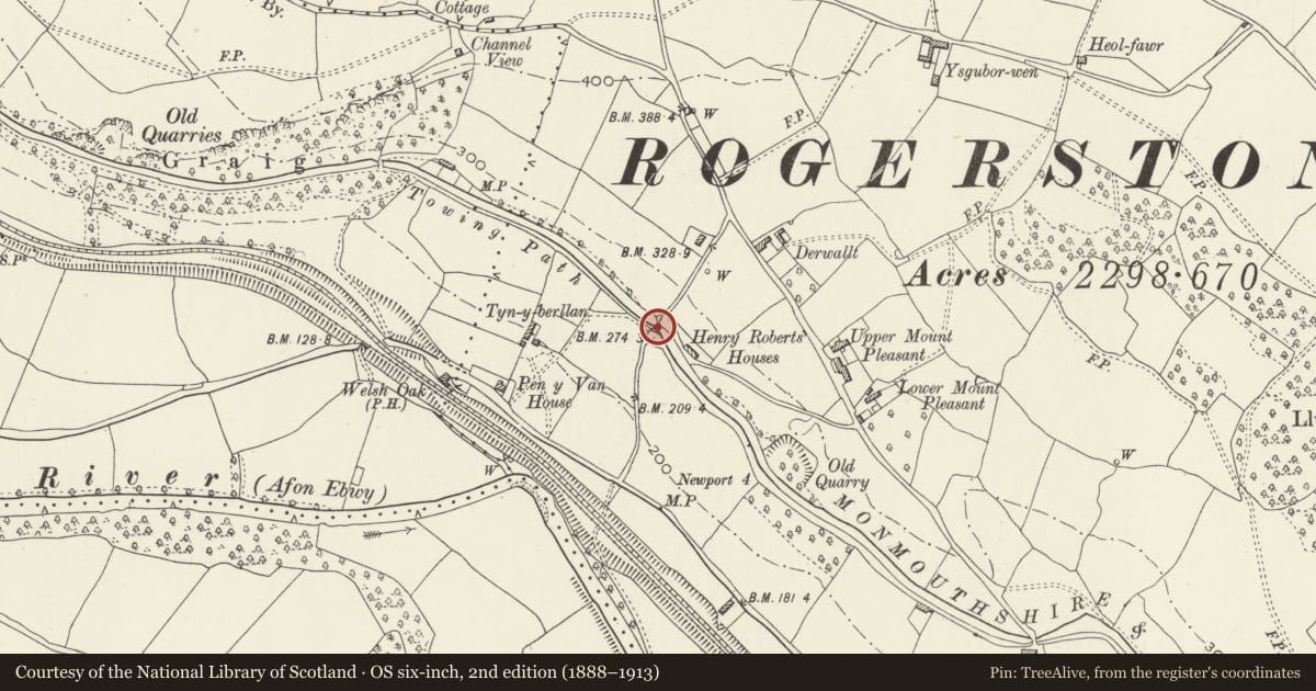 Ordnance Survey six-inch map, 2nd edition (1888–1913) covering the location of Canal Bridge over Monmouthshire and Brecon Canal E of Pen y van (partly in Risca community), Rogerstone, Newport, with a pin at the register's coordinates