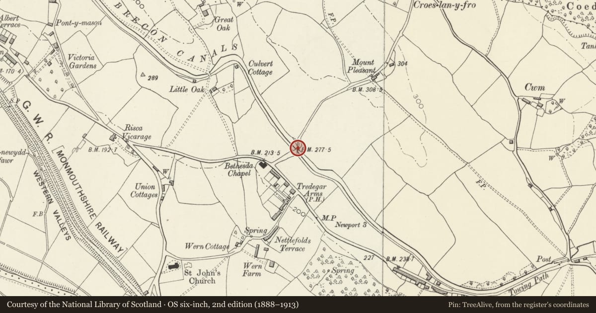 Ordnance Survey six-inch map, 2nd edition (1888–1913) covering the location of Canal Bridge over Monmouthshire and Brecon Canal, Groes Road, Rogerstone, Newport, with a pin at the register's coordinates