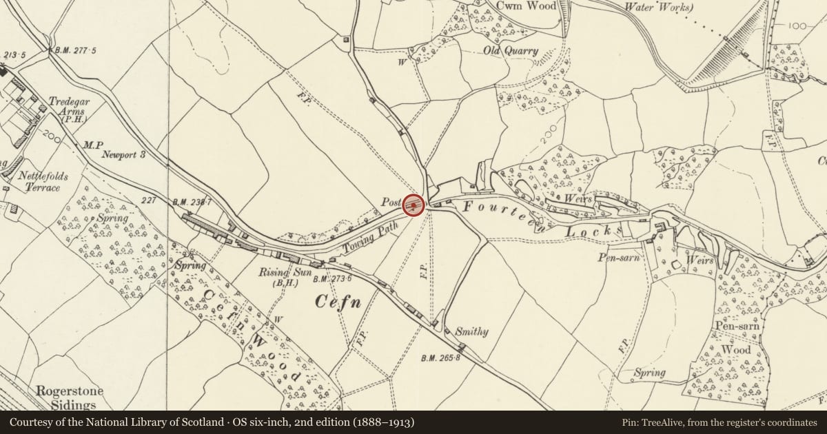 Ordnance Survey six-inch map, 2nd edition (1888–1913) covering the location of Milepost on Monmouthshire and Brecon Canal, Rogerstone, Newport, with a pin at the register's coordinates