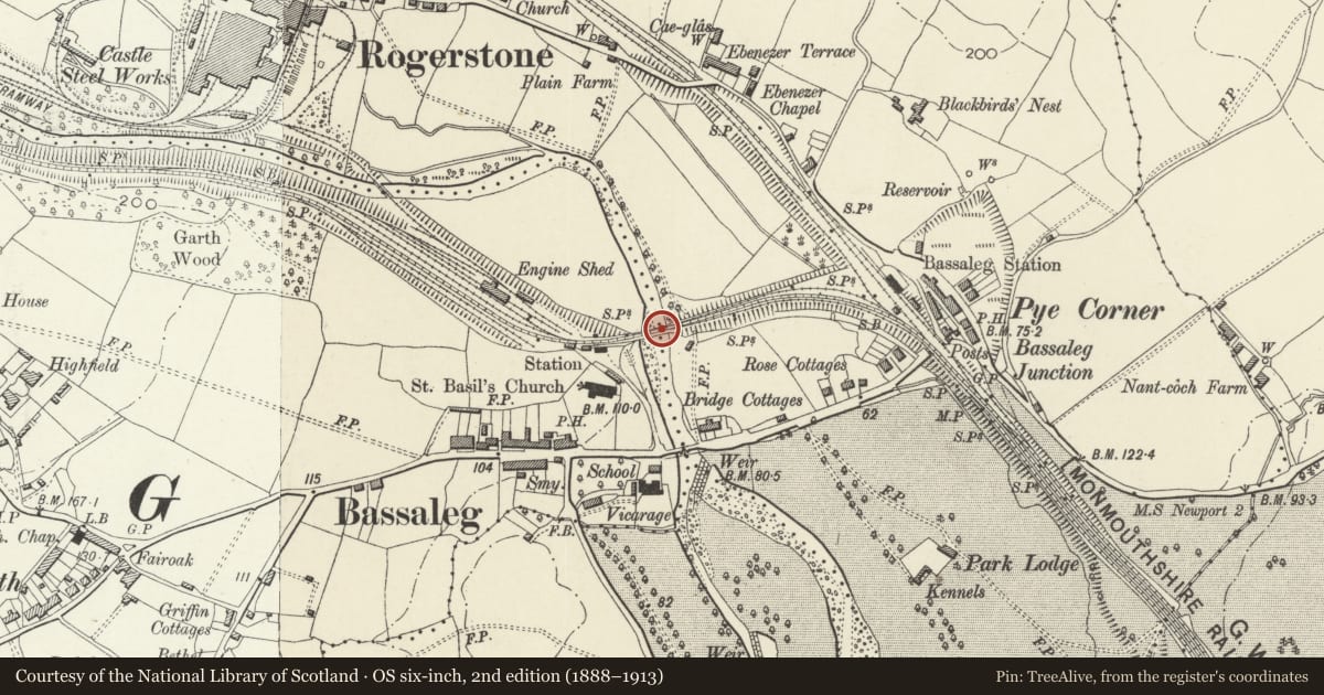 Ordnance Survey six-inch map, 2nd edition (1888–1913) covering the location of Railway viaduct over Afon Ebwy (partly in Graig community), Rogerstone, Newport, with a pin at the register's coordinates