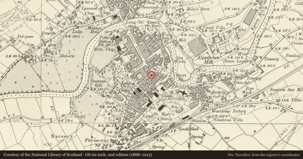 Ordnance Survey six-inch map, 2nd edition (1888–1913) covering the location of Caroline's, Newtown and Llanllwchaiarn, Powys, with a pin at the register's coordinates