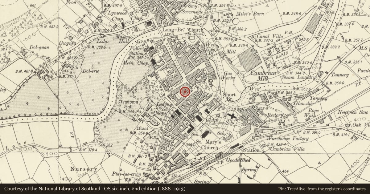 Ordnance Survey six-inch map, 2nd edition (1888–1913) covering the location of Market Hall, Newtown and Llanllwchaiarn, Powys, with a pin at the register's coordinates