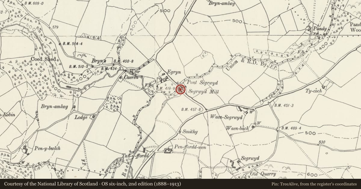 Ordnance Survey six-inch map, 2nd edition (1888–1913) covering the location of Segrwyd Mill and Mill House, Nantglyn, Denbighshire, with a pin at the register's coordinates