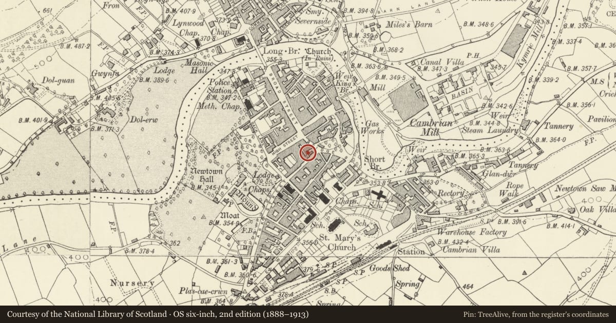 Ordnance Survey six-inch map, 2nd edition (1888–1913) covering the location of House to rear of No. 31 Market Street, Newtown and Llanllwchaiarn, Powys, with a pin at the register's coordinates