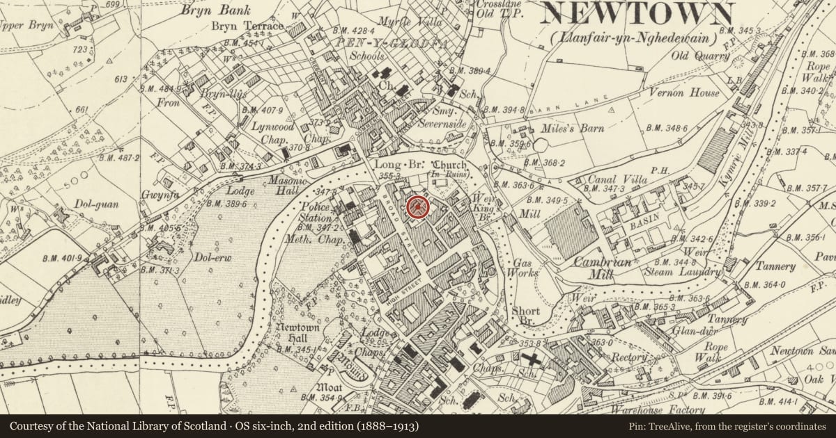 Ordnance Survey six-inch map, 2nd edition (1888–1913) covering the location of 6 Old Church Street, Newtown and Llanllwchaiarn, Powys, with a pin at the register's coordinates