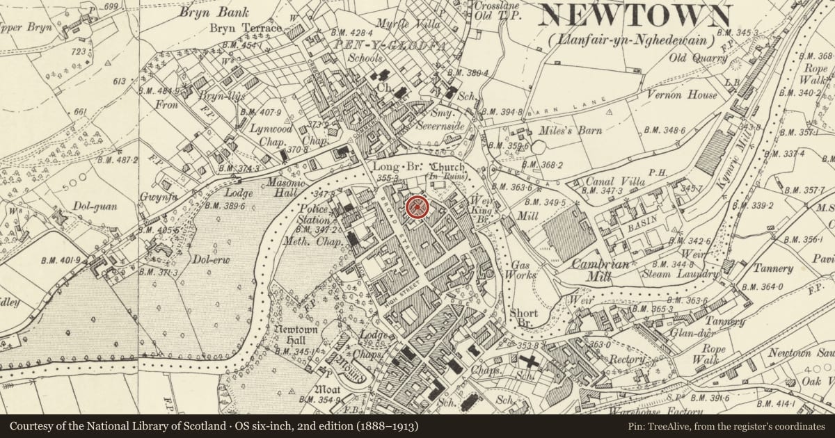 Ordnance Survey six-inch map, 2nd edition (1888–1913) covering the location of 7 Old Church Street, Newtown and Llanllwchaiarn, Powys, with a pin at the register's coordinates