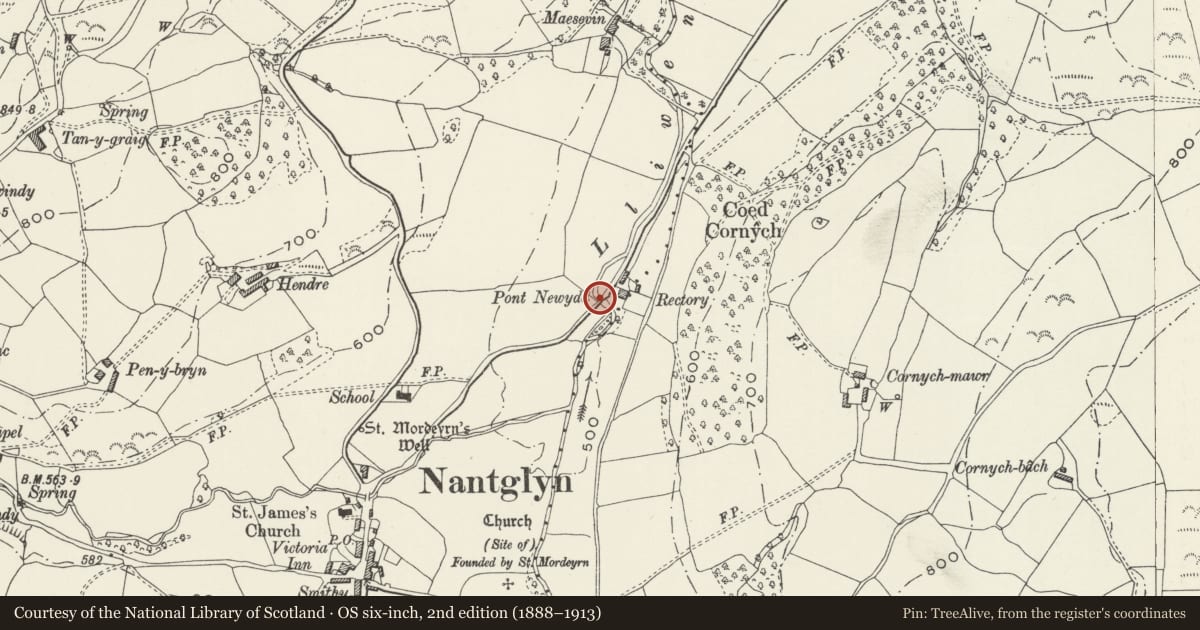 Ordnance Survey six-inch map, 2nd edition (1888–1913) covering the location of Pont Newydd, Nantglyn, Denbighshire, with a pin at the register's coordinates