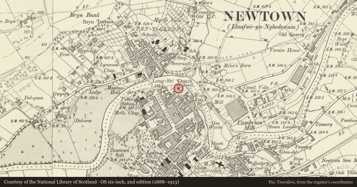 Ordnance Survey six-inch map, 2nd edition (1888–1913) covering the location of Former Parish Church of St Mary and Pryce Mausoleum, Newtown and Llanllwchaiarn, Powys, with a pin at the register's coordinates