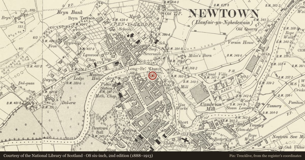 Ordnance Survey six-inch map, 2nd edition (1888–1913) covering the location of Gate's, Gate Piers and Walls around the perimeter of St Mary's Churchyard, Newtown and Llanllwchaiarn, Powys, with a pin at the register's coordinates