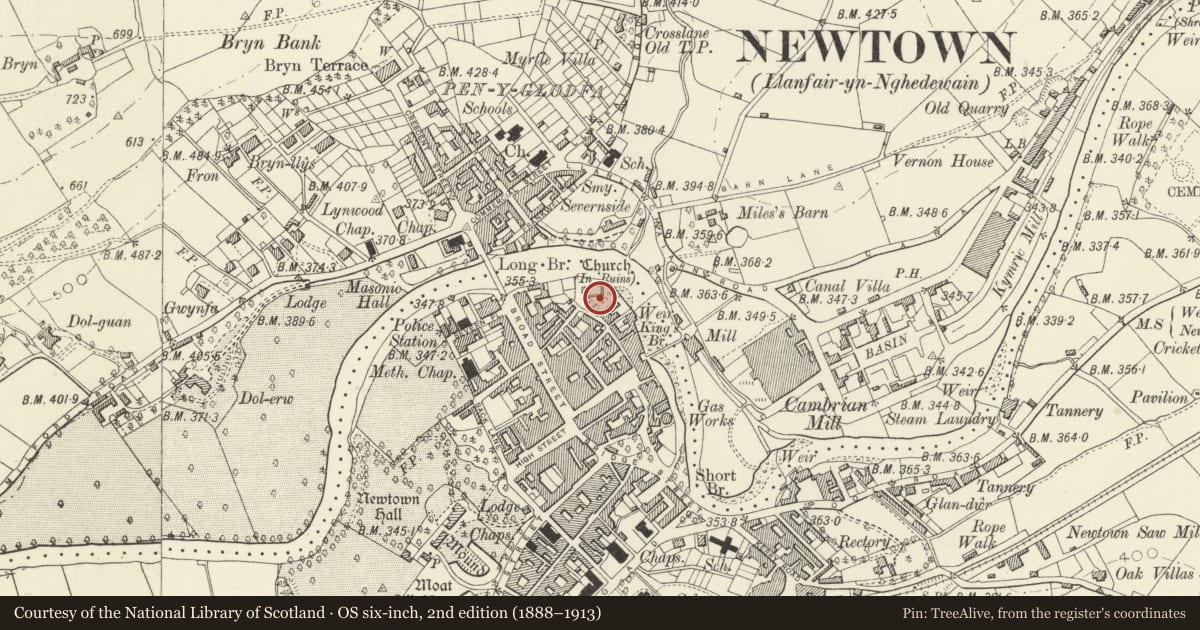Ordnance Survey six-inch map, 2nd edition (1888–1913) covering the location of Tomb of Robert Owen, including Railings, Newtown and Llanllwchaiarn, Powys, with a pin at the register's coordinates