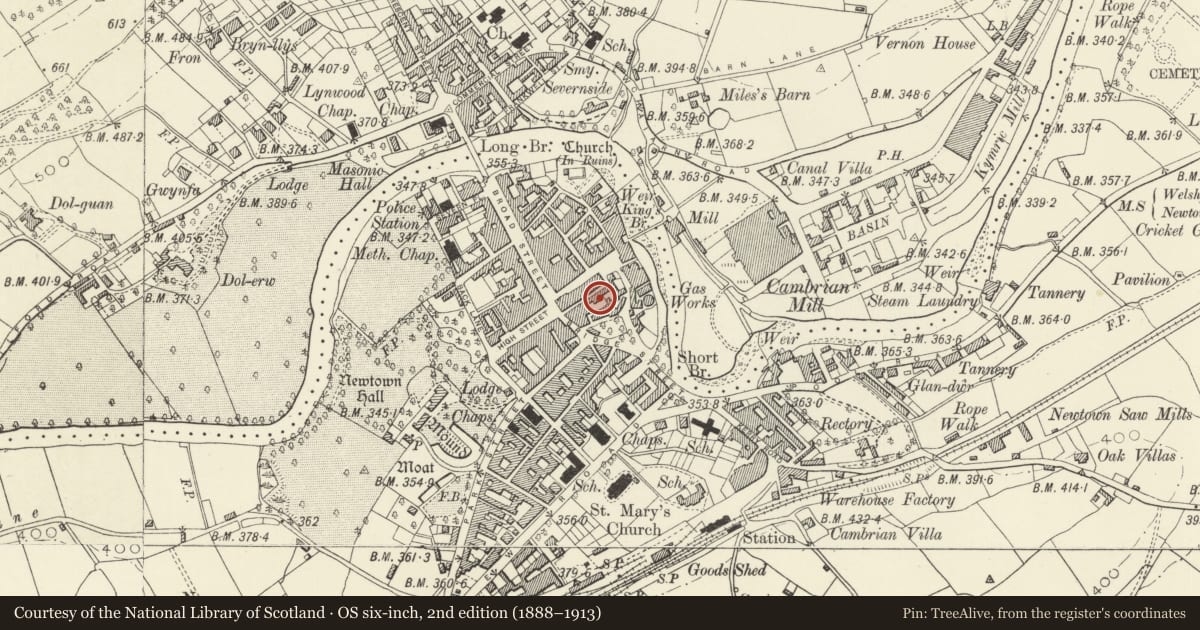Ordnance Survey six-inch map, 2nd edition (1888–1913) covering the location of Silver Birch Restaurant, Newtown and Llanllwchaiarn, Powys, with a pin at the register's coordinates