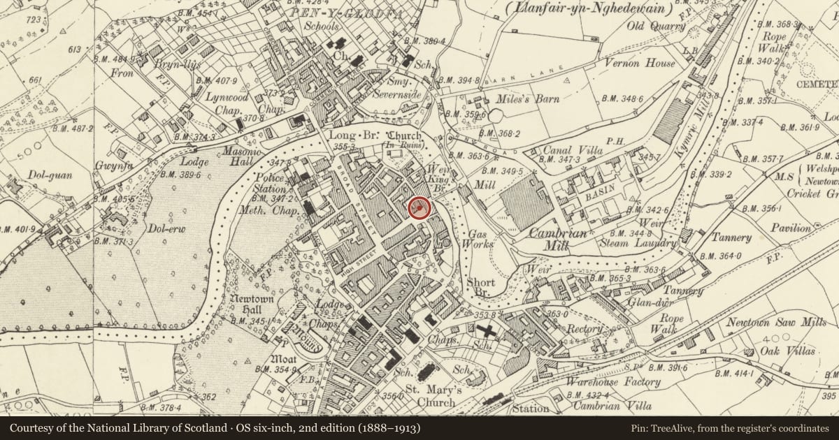 Ordnance Survey six-inch map, 2nd edition (1888–1913) covering the location of 6 Severn Square, Newtown and Llanllwchaiarn, Powys, with a pin at the register's coordinates