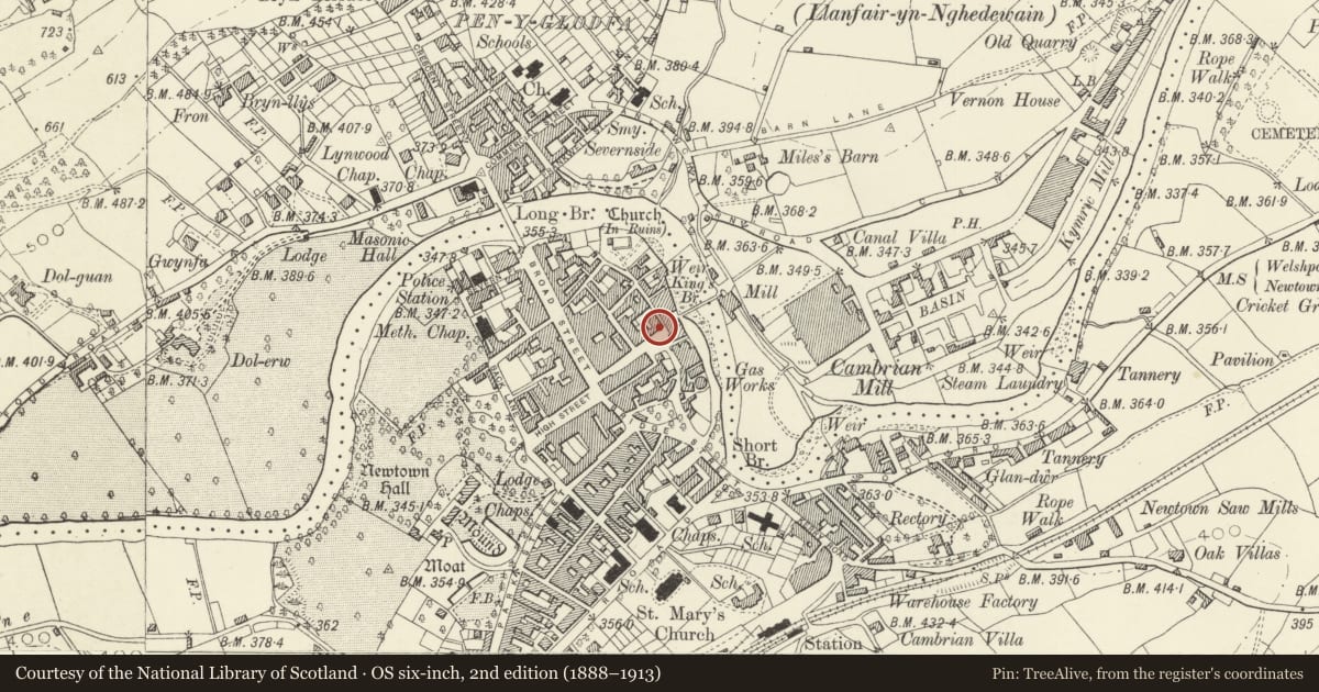 Ordnance Survey six-inch map, 2nd edition (1888–1913) covering the location of 7 Severn Square, Newtown and Llanllwchaiarn, Powys, with a pin at the register's coordinates