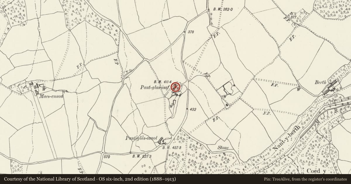 Ordnance Survey six-inch map, 2nd edition (1888–1913) covering the location of Barn at Pant Glas Isaf, Llanynys, Denbighshire, with a pin at the register's coordinates