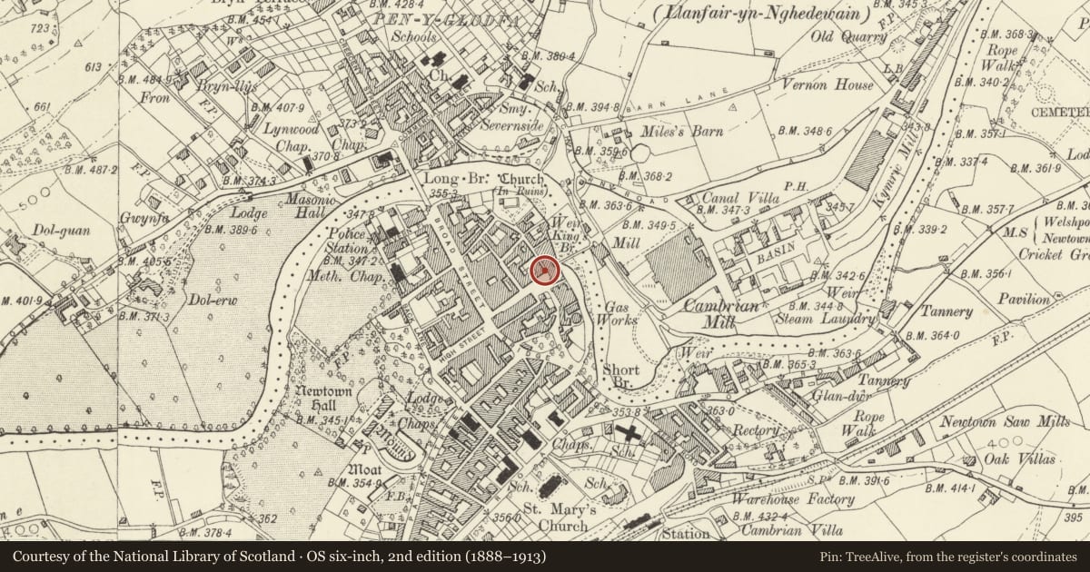 Ordnance Survey six-inch map, 2nd edition (1888–1913) covering the location of 8 Severn Square, Newtown and Llanllwchaiarn, Powys, with a pin at the register's coordinates