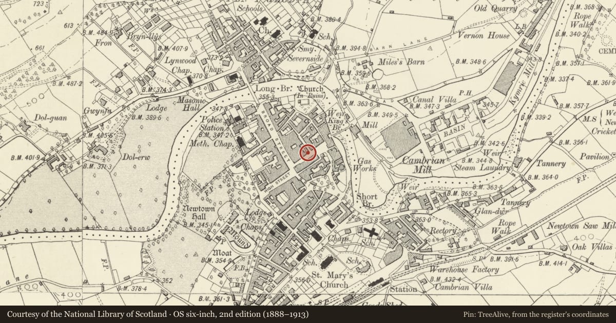 Ordnance Survey six-inch map, 2nd edition (1888–1913) covering the location of 8 Severn Street, Newtown and Llanllwchaiarn, Powys, with a pin at the register's coordinates