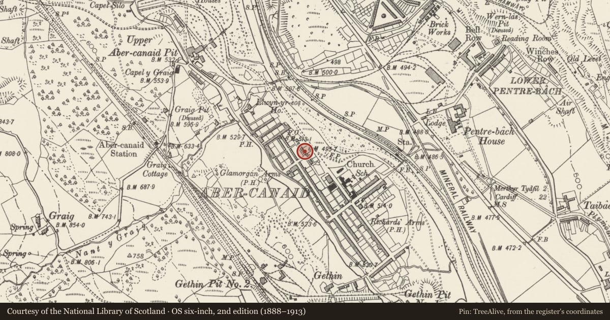 Ordnance Survey six-inch map, 2nd edition (1888–1913) covering the location of 2 River Row, Troed-y-Rhiw, Merthyr Tydfil, with a pin at the register's coordinates