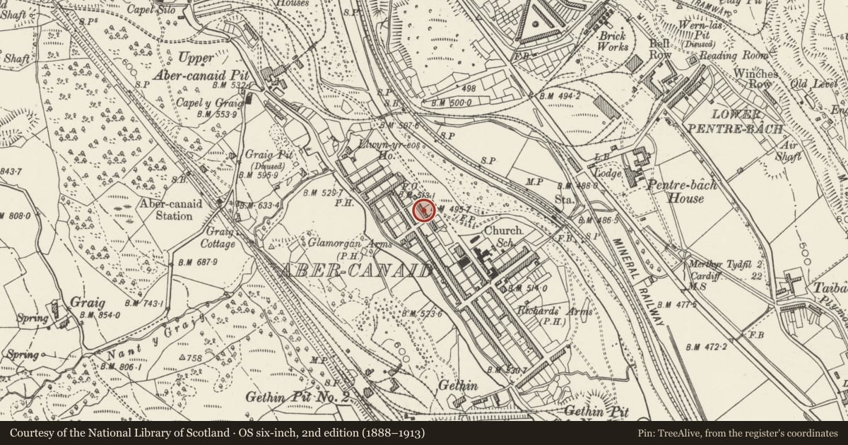 Ordnance Survey six-inch map, 2nd edition (1888–1913) covering the location of 3 River Row, Troed-y-Rhiw, Merthyr Tydfil, with a pin at the register's coordinates