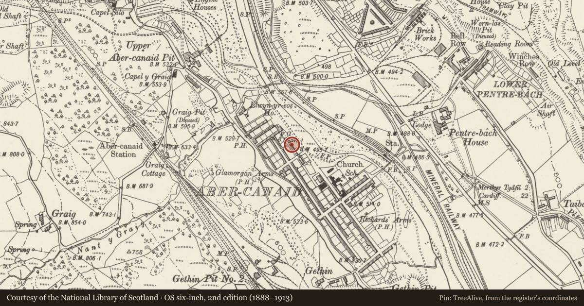 Ordnance Survey six-inch map, 2nd edition (1888–1913) covering the location of 6 River Row, Troed-y-Rhiw, Merthyr Tydfil, with a pin at the register's coordinates