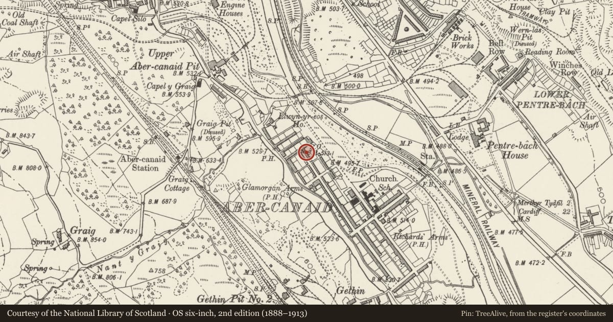 Ordnance Survey six-inch map, 2nd edition (1888–1913) covering the location of 2 Nightingale Street, Troed-y-Rhiw, Merthyr Tydfil, with a pin at the register's coordinates