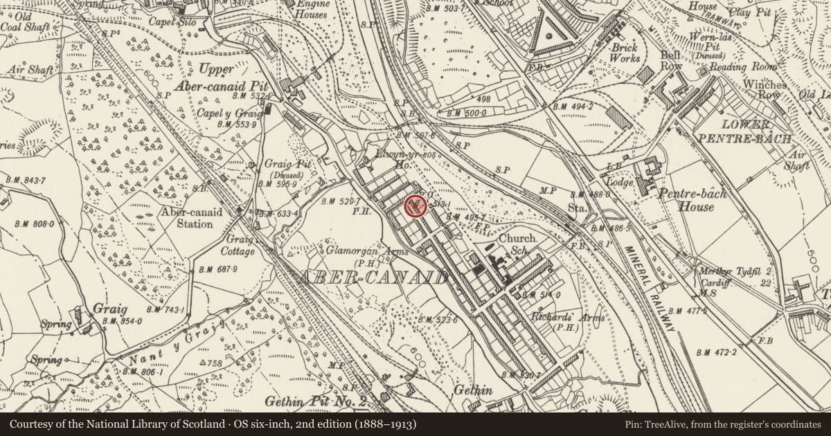 Ordnance Survey six-inch map, 2nd edition (1888–1913) covering the location of 3 Nightingale Street, Troed-y-Rhiw, Merthyr Tydfil, with a pin at the register's coordinates