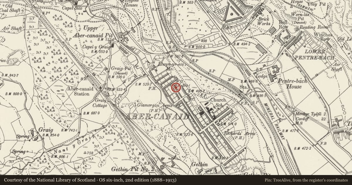 Ordnance Survey six-inch map, 2nd edition (1888–1913) covering the location of 4 Nightingale Street, Troed-y-Rhiw, Merthyr Tydfil, with a pin at the register's coordinates