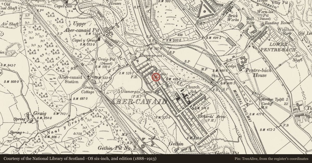Ordnance Survey six-inch map, 2nd edition (1888–1913) covering the location of 5 Nightingale Street, Troed-y-Rhiw, Merthyr Tydfil, with a pin at the register's coordinates