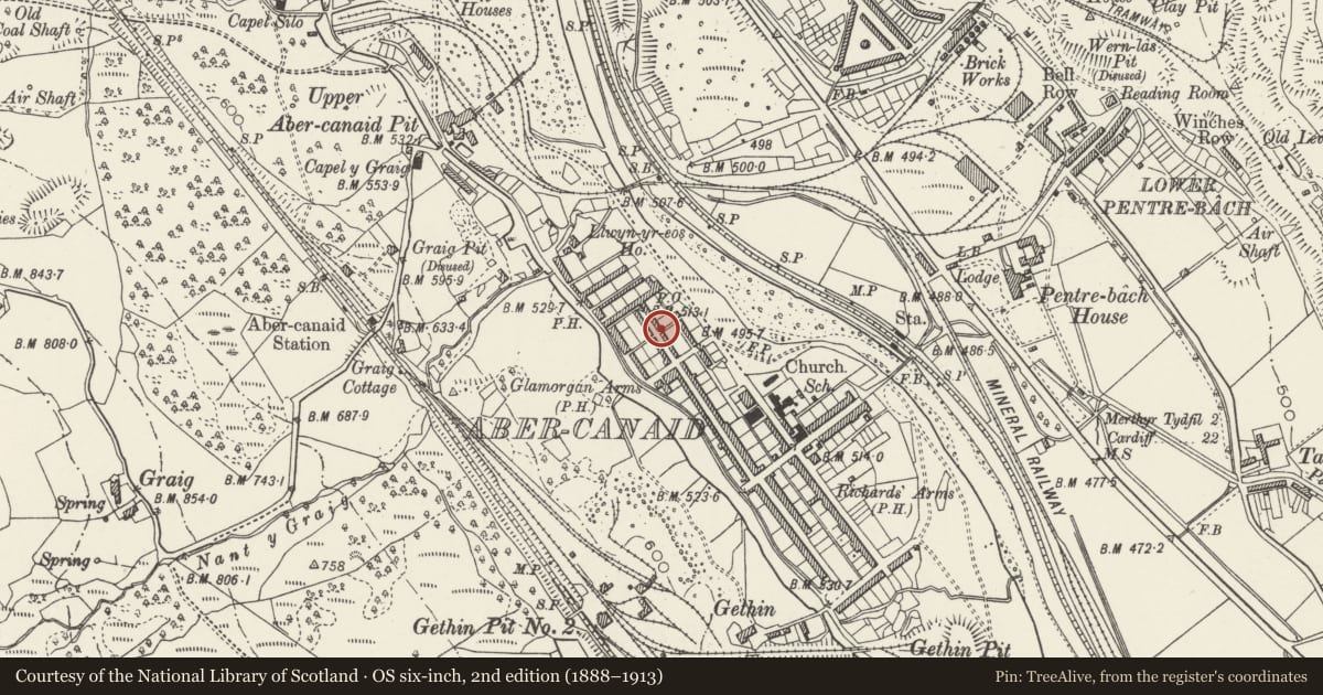 Ordnance Survey six-inch map, 2nd edition (1888–1913) covering the location of 6 Nightingale Street, Troed-y-Rhiw, Merthyr Tydfil, with a pin at the register's coordinates