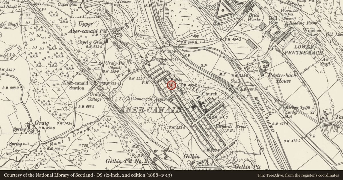 Ordnance Survey six-inch map, 2nd edition (1888–1913) covering the location of 8 Nightingale Street, Troed-y-Rhiw, Merthyr Tydfil, with a pin at the register's coordinates