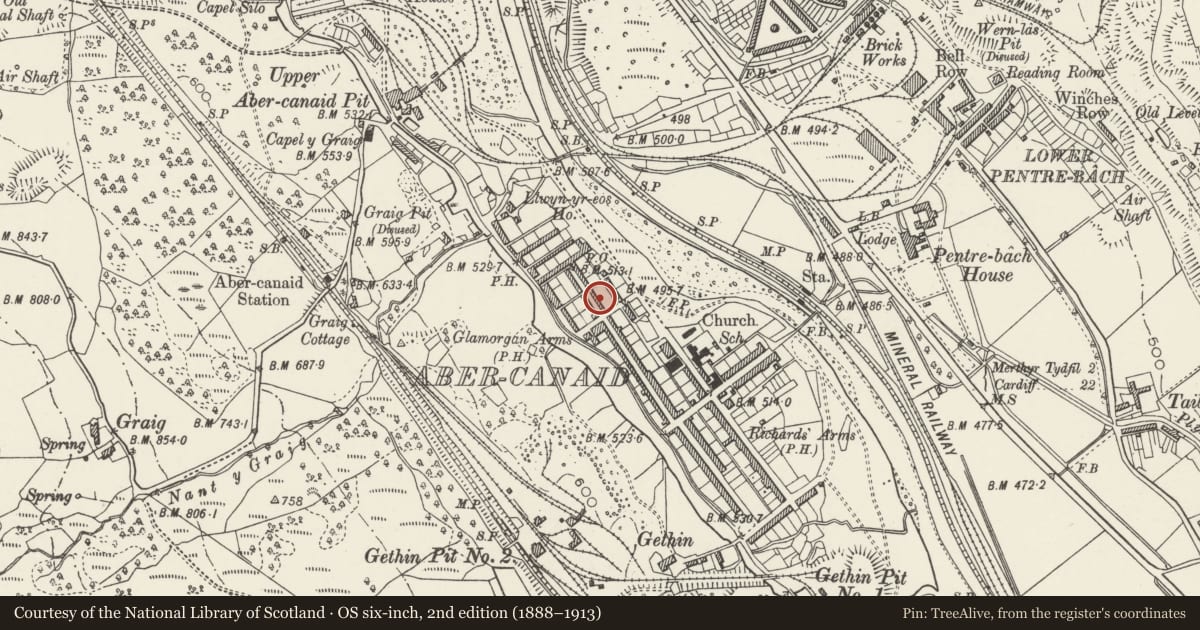 Ordnance Survey six-inch map, 2nd edition (1888–1913) covering the location of 9 Nightingale Street, Troed-y-Rhiw, Merthyr Tydfil, with a pin at the register's coordinates